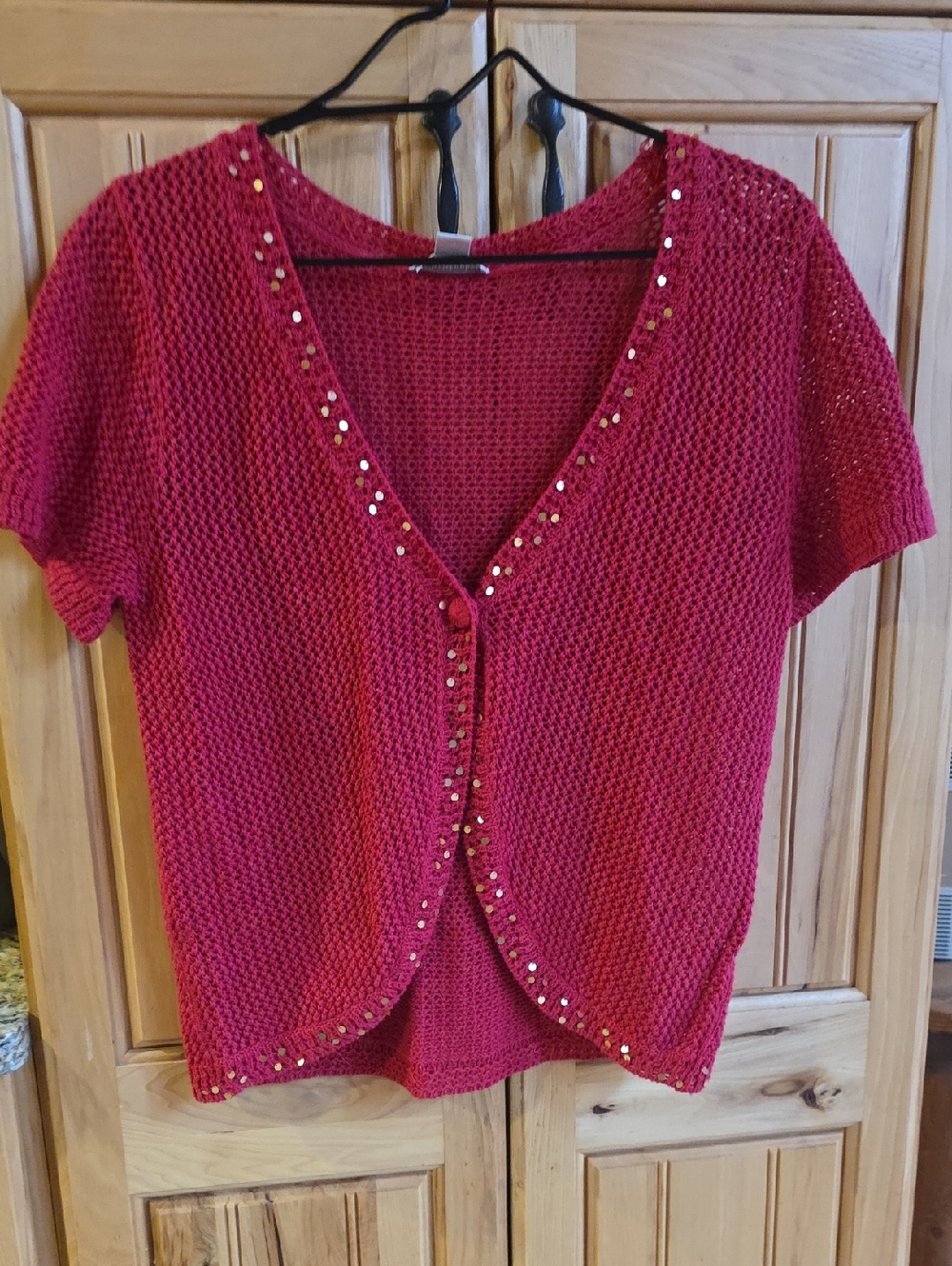 Red Embellished Knit Short-Sleeve Cardigan